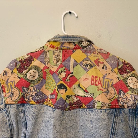 Get Used by Elie Vintage Denim Jacket with Colorful Patchwork, Size Small Womens